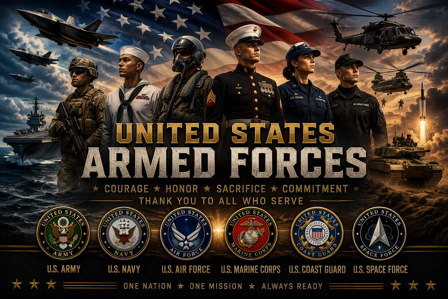 U.S. Army, U.S. Navy, U.S. Air Force, U.S. Marines, U.S. Coast Guard, and U.S. Space Force image showing members of each branch and military equipment