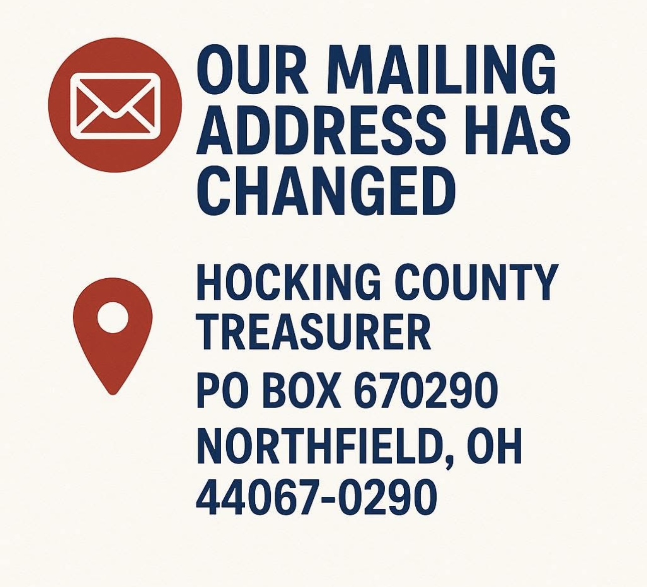 Rest assured it is NOT a random PO Box in Northfield, OH. We promise, IT’S LEGIT 👍  ****UPDATED MAILING ADDRESS FOR 2nd HALF 2024 TAX PAYMENTS****  📬 PO Box 670290 Northfield, OH 44067-0290  Just your Hocking County Treasurer’s Office doing things the efficient way. 💼 Yep, it’s real. ✅ Yep, it’s secure. ✅ Yep, we triple-checked. ✅  We’re still here, just with a fancy new PO box. ✨  As always, please reach out with questions!